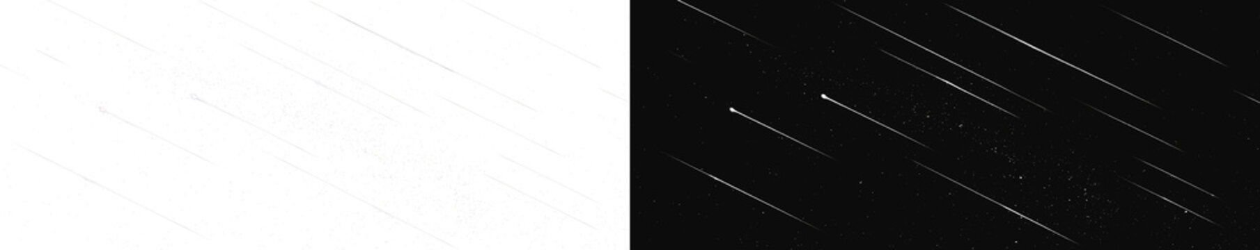 Realistic light rays texture set, atmospheric diagonal speed motion blur streaks and cinematic laser sparks meteor shower on contrast backgrounds
