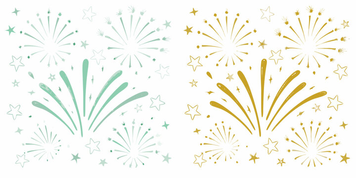 watercolor firework pattern with stars in teal and gold on a white background