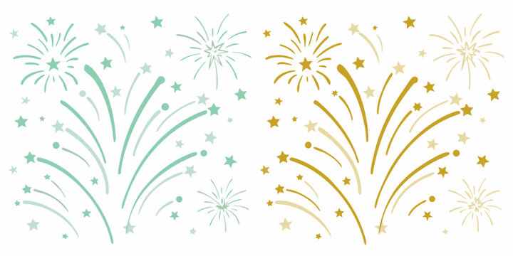 watercolor firework bursts in teal and gold with scattered stars isolated on white