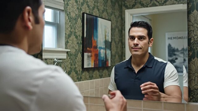 Serious man looking at his reflection in bathroom mirror