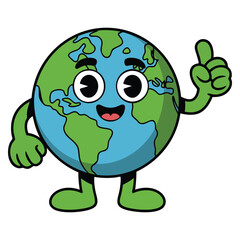 Fototapeta premium Cartoon Earth with happy smile and thumbs up. Vector illustration representing environmental protection, sustainability and caring for the planet concepts.