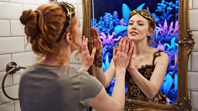 Woman sees fantastical steampunk alter ego in bathroom mirror