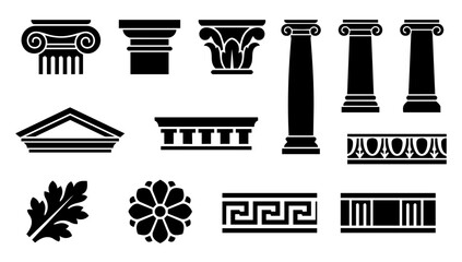 Naklejka premium Classical Architecture Ornament and Column Silhouette Icons Set