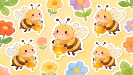 Fototapeta premium A cute, playful digital illustration of six smiling bees with yellow and black stripes, holding honey jars, surrounded by colorful flowers on a soft yellow background.