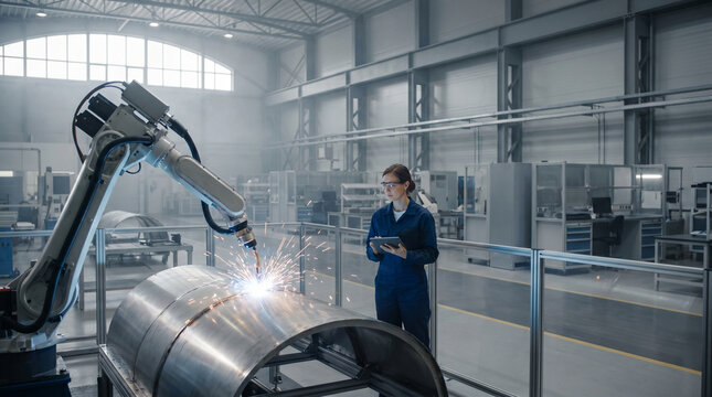 Robotic welding cell in action, electric arc sparks cascading over a stainless steel fuselage panel, industrial haze softening background ma 2