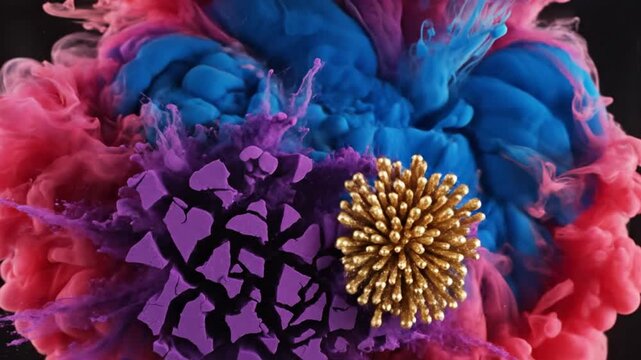 Vibrant red and purple ink exploding in dark water