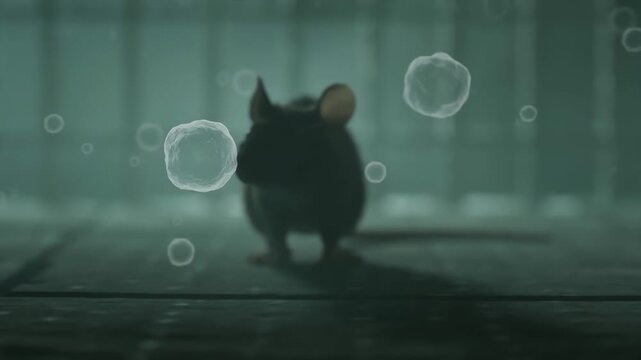 concept illustration of a mouse carrying hantavirus with airborne pathogen cells floating in a dark room