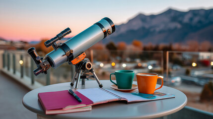 Fototapeta premium A telescope is set up on a table with notebooks, coffee cups and other items in the background of an outdoor setting during sunset or sunrise