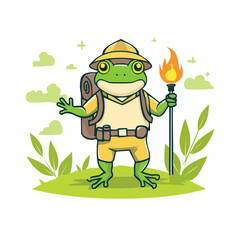Obraz premium Cartoon Frog Explorer with Torch and Backpack