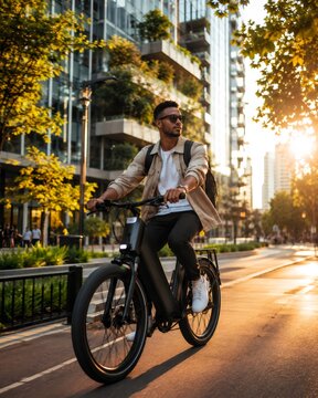 Young man riding electric bike on city street, commuting for sustainable urban transportation during sunset