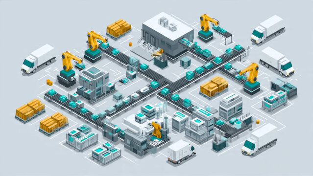 Isometric 3D warehouse with trucks and machinery for logistics and supply chain