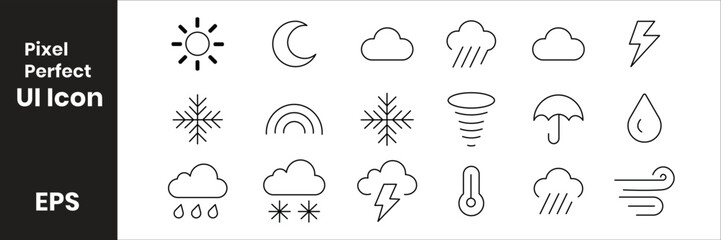 Obraz premium Minimal black and white weather icon set vector template featuring clean outline symbols with modern monoline geometric editable stroke design