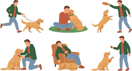 Naklejka premium Dog Owner and Pet Companion Lifestyle Illustration Set Featuring Walking Training Playing Bonding Relaxation and Responsible Pet Care Vector Collection
