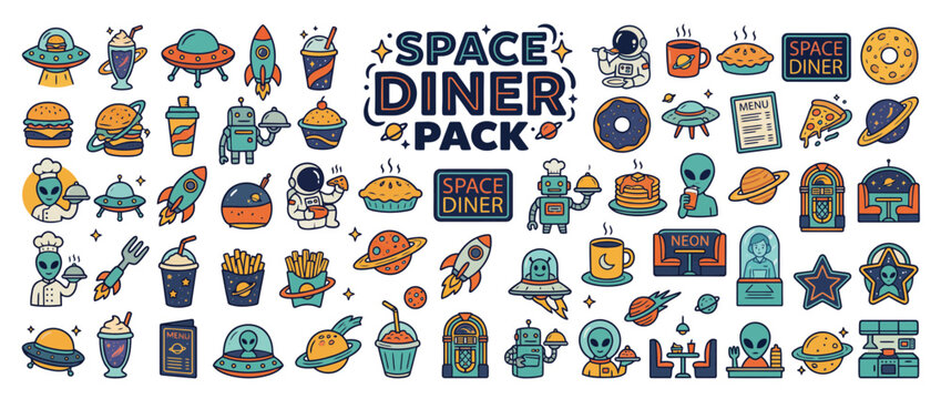 A collection of colorful space diner stickers.