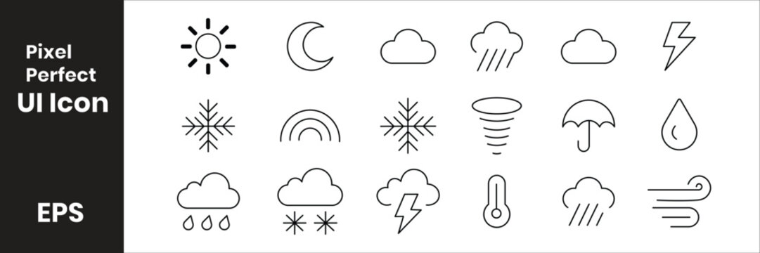 Minimal black and white weather icon set vector template featuring clean outline symbols with modern monoline geometric editable stroke design