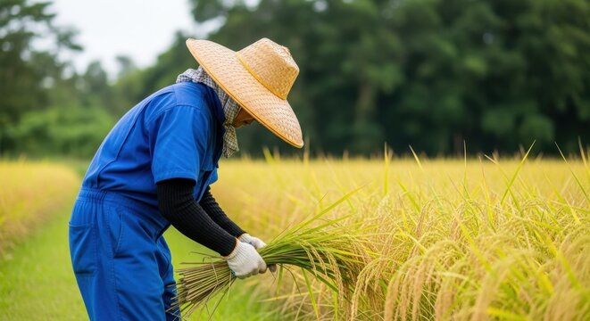 A farmer diligently harvests ripe golden rice stalks in a sunlit rural field, showcasing traditional agriculture.