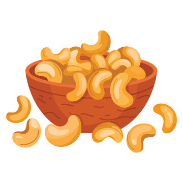 Cashew in brown bowl isolated on white background. Vector flat illustration of organic vegan healthy food and nut themed icon designs.