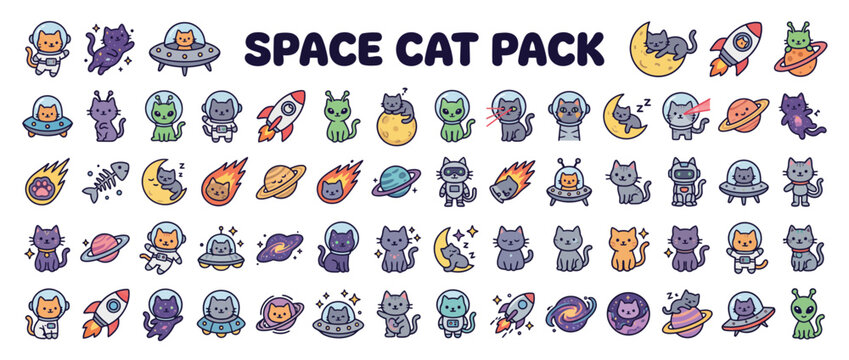 Collection of cute cartoon space cat icons.