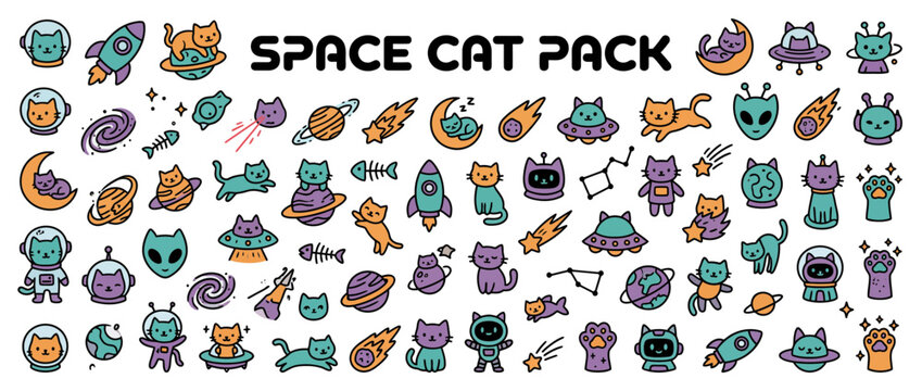 Colorful cartoon space cat stickers pack.