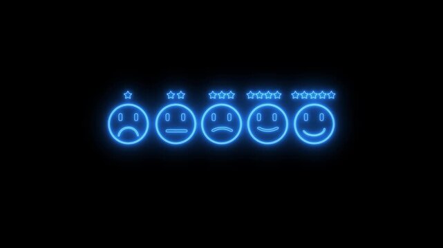 Neon customer satisfaction rating scale with glowing star feedback