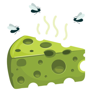 Cheese dorblu piece with bad smell and flies. Vector illustration of food delicacy ideal for gourmet cuisine, dairy products, and funny food themes.