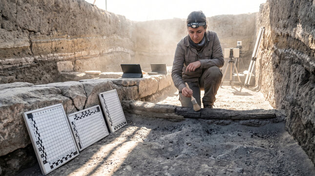 Archaeologist brushing volcanic ash matrix from a carbonized wooden beam at a buried Roman villa excavation, harsh midday sun throwing drama 3