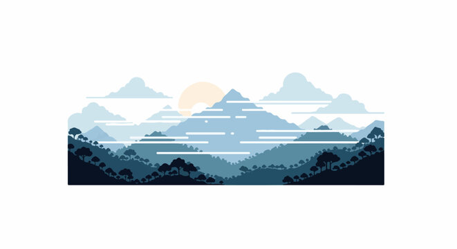 Stylized blue mountain range under a hazy sun with scattered clouds and trees