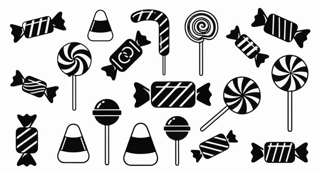 Assorted black and white candy icons including lollipops and wrapped treats