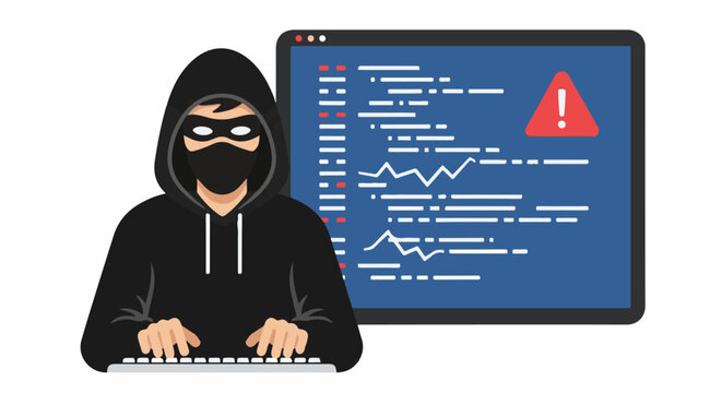 Hooded figure types on keyboard with computer screen showing code and warning