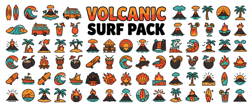 Volcanic surf pack graphic icons set.