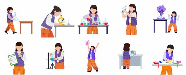 Fototapeta premium Set of flat vector illustrations of a little girl performing various science experiments, exploring chemistry, biology, and laboratory research for STEM education.