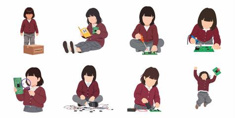 Little girl learning DIY electronics project steps flat vector illustration set. STEM education and technology hobby concept.