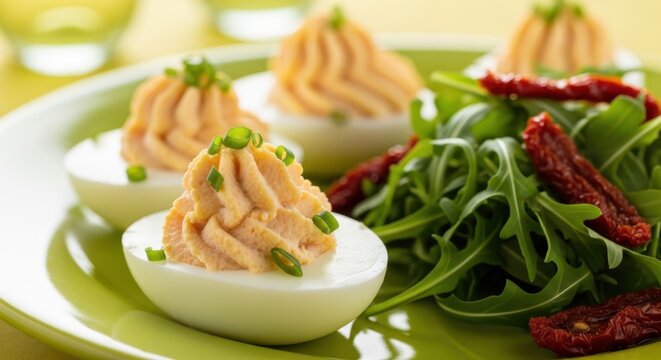 Creamy Deviled Eggs Appetizer With Fresh Green Garnish and Salad On a Bright Green Plate