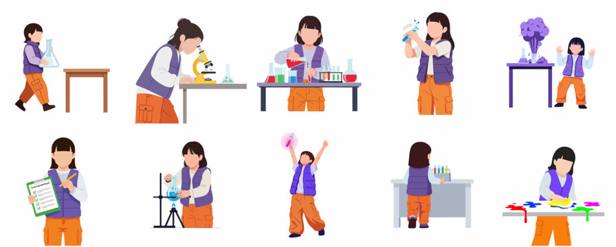 Set of flat vector illustrations of a little girl performing various science experiments, exploring chemistry, biology, and laboratory research for STEM education.