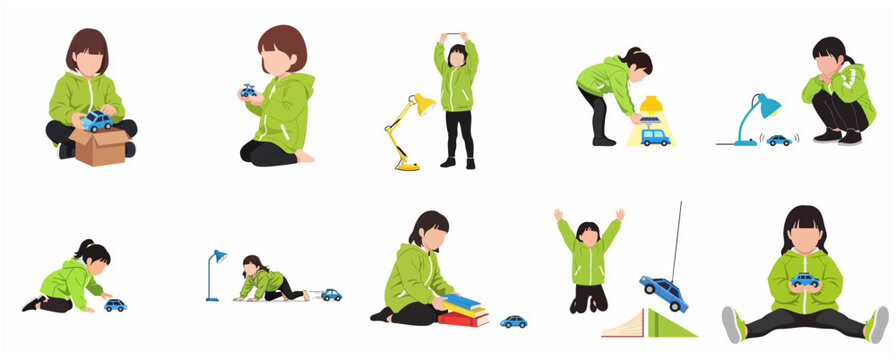 Collection of illustrations featuring a young girl conducting simple science experiments with a toy car, solar power, and physics concepts.