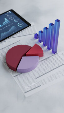 3D rendered business charts, including a pie chart and bar graph, displayed on a tablet and documents, representing financial data analysis and growth strategy