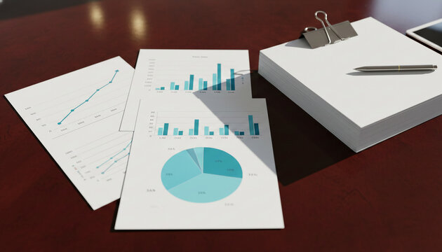 Charts and graphs on paper alongside a stack of white paper, a pen, and a binder clip, symbolizing business analysis, planning, and data visualization.
