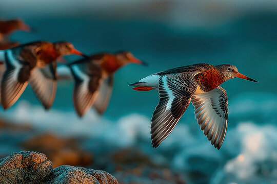 Red knot shorebirds flying over ocean waves at sunset coastal wildlife scene
