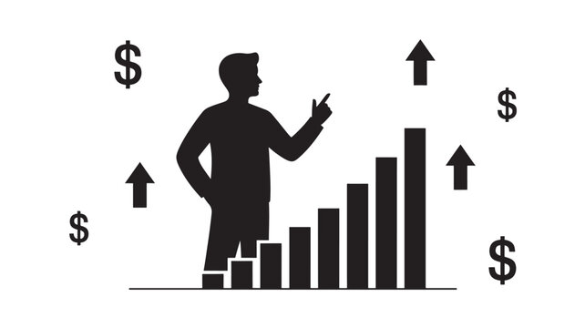 A silhouette of a man pointing at a rising bar graph with dollar signs and arrows
