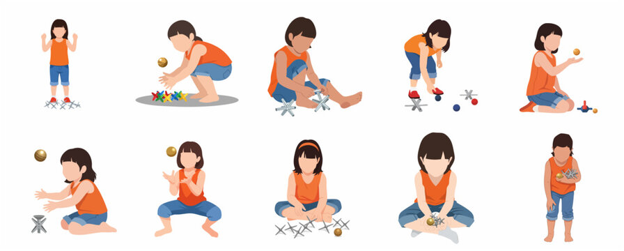 Set of flat vector illustrations of a little girl playing traditional jacks game with metal pieces and a ball, isolated on white background.