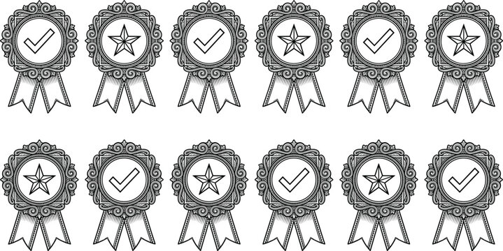 Black and white rosette badges with stars and checkmarks