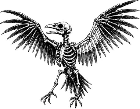 Bird Skeleton with Spread Wings Engraving Style Black and White Gothic Illustration