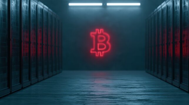 Fictional cryptocurrency miners operating during worldwide banking shutdown, dark neon server room