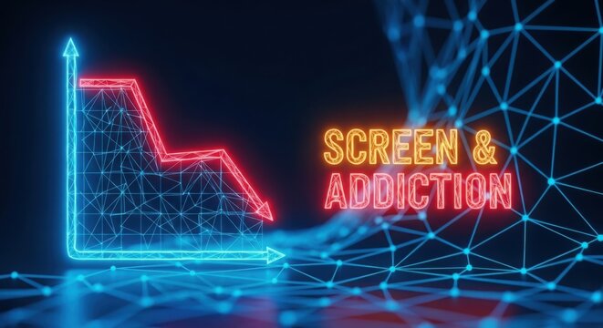 Neon screen addiction text with falling digital chart graph illustration