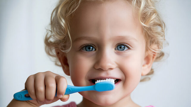 Toddler, child, young girl, brushing teeth, blue toothbrush, healthy smile, oral care
