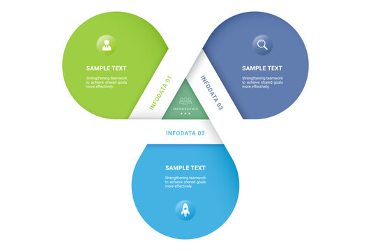 3 Step Venn diagram infographic template. Triangle loops with icons for business presentation.