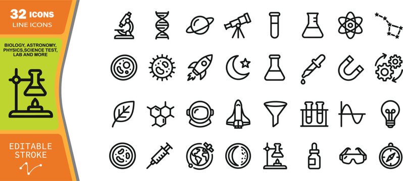 32 outline set for science, biology, astronomy, physics and lab testing, editable stroke