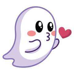 Fototapeta premium Cute cartoon ghost blowing a kiss with heart shape in vector style, perfect for spooky romance, halloween stickers and festive graphics.