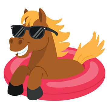 Cute cartoon horse with sunglasses lounging on pink inflatable ring. Summer pool fun vector illustration ideal for vacation and tropical themed designs.