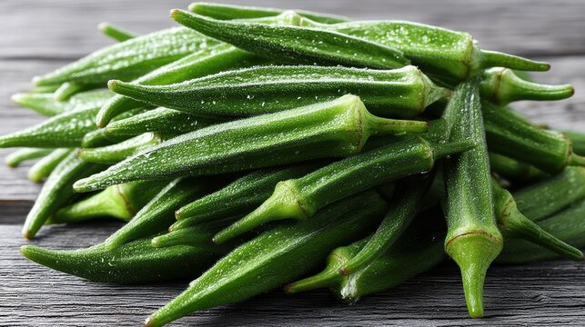 A pile of fresh green okra on a wooden table.